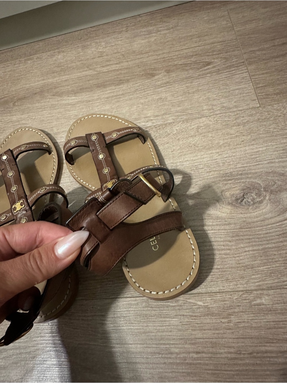 Celine Lympia Gladiator Brown Leather Studded T-Strap Women's Sandals Size 36 - Picture 3 of 6